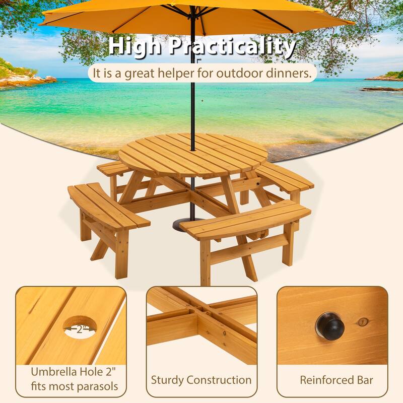 8 Person Dining Table with 4 Built-in Benches Outdoor Camping Round Dining Table Poolside Picnic Beer Table with Seat