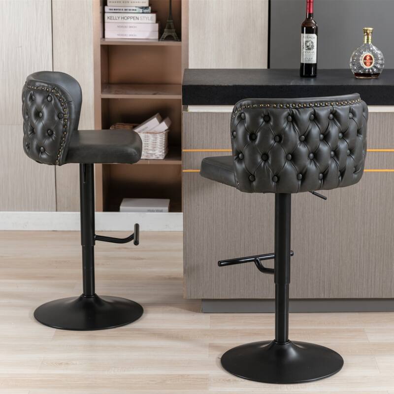 Modern Swivel Barstools, Tufted Back Upholstered Dining Chair, Leather High Bar Chair Adjustable Height, Set of 2