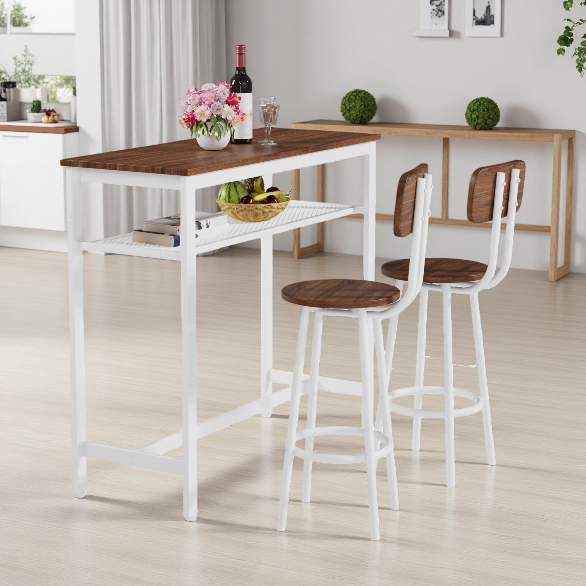 3-Piece 39.4" MDF & Iron Bar Table Set with 2 Stools, Counter Height, Space-Saving