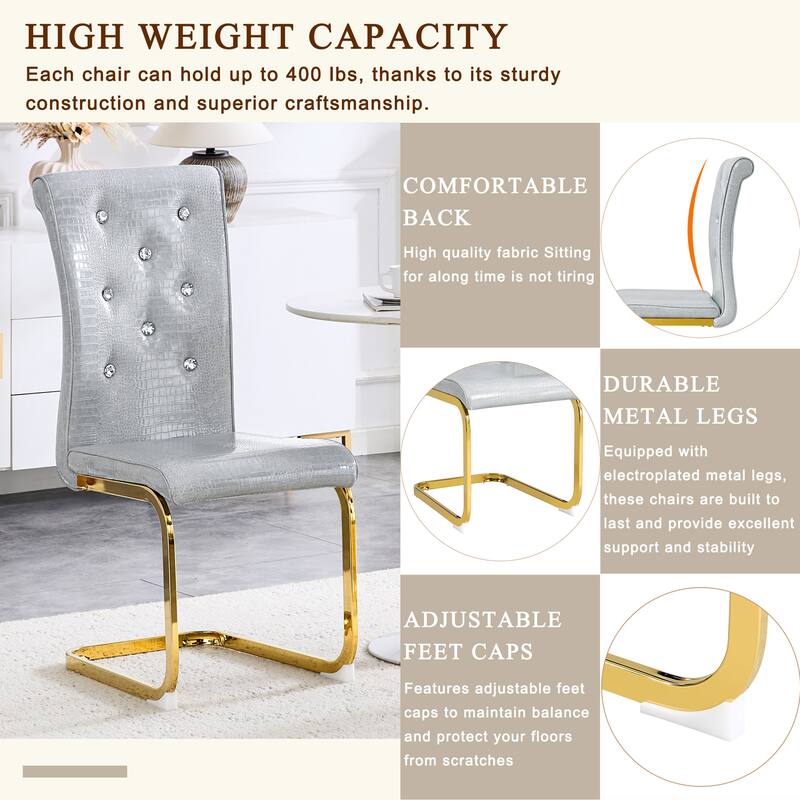 Set of 4, Retro Faux Alligator Skin Upholstered Dining Chairs, with Crystal Buckle Design and Faux Leather Design