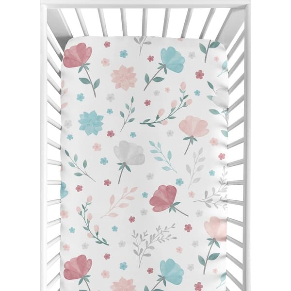 slide 2 of 6, Pop Floral Rose Flowers Girl Fitted Crib Sheet - Blush Pink Teal Turquoise Aqua Blue Grey Flower Boho Shabby Chic Watercolor