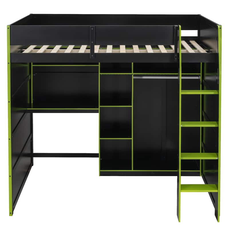Full Size Wood Loft Bed with Desk, Open Wardrobe, Storage Compartments, and RGB Lights in Green