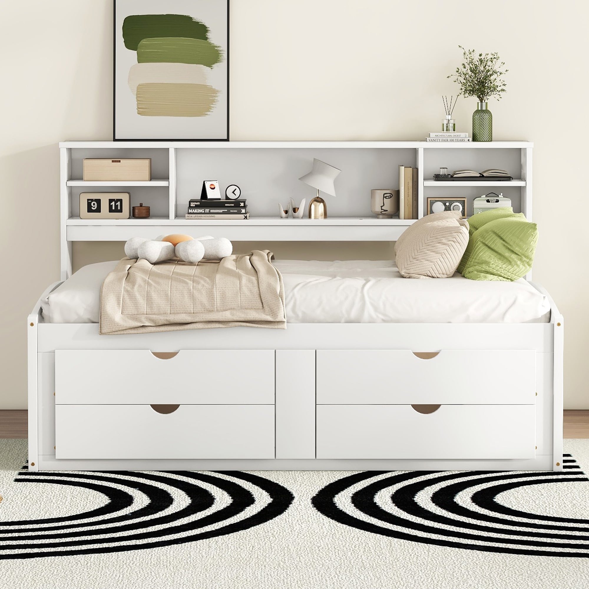 Full Size Wood Daybed with 2 Bedside Cabinets, Upper Shelves and 4 Drawers