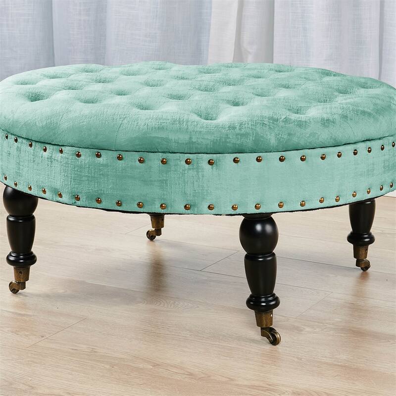 Round Velvet Tufted Coffee Table Ottoman, 34" x 34" x 17" H
