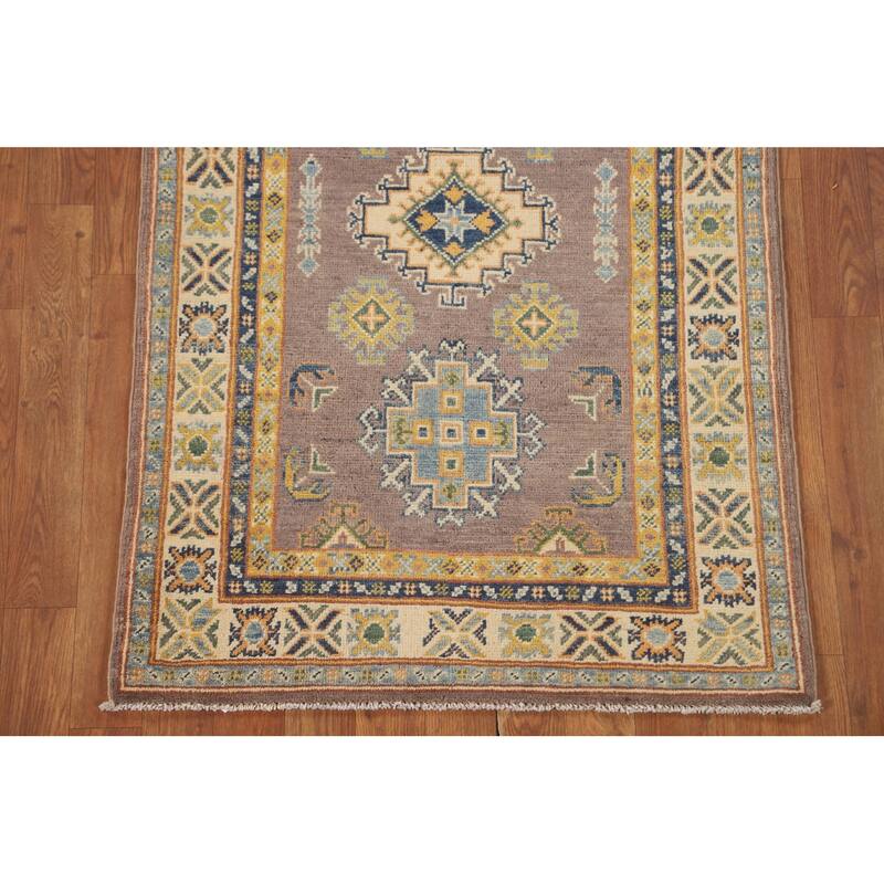 Geometric Brown Kazak Foyer Rug Hand-Knotted Wool Carpet - 2'8" x 4'3"