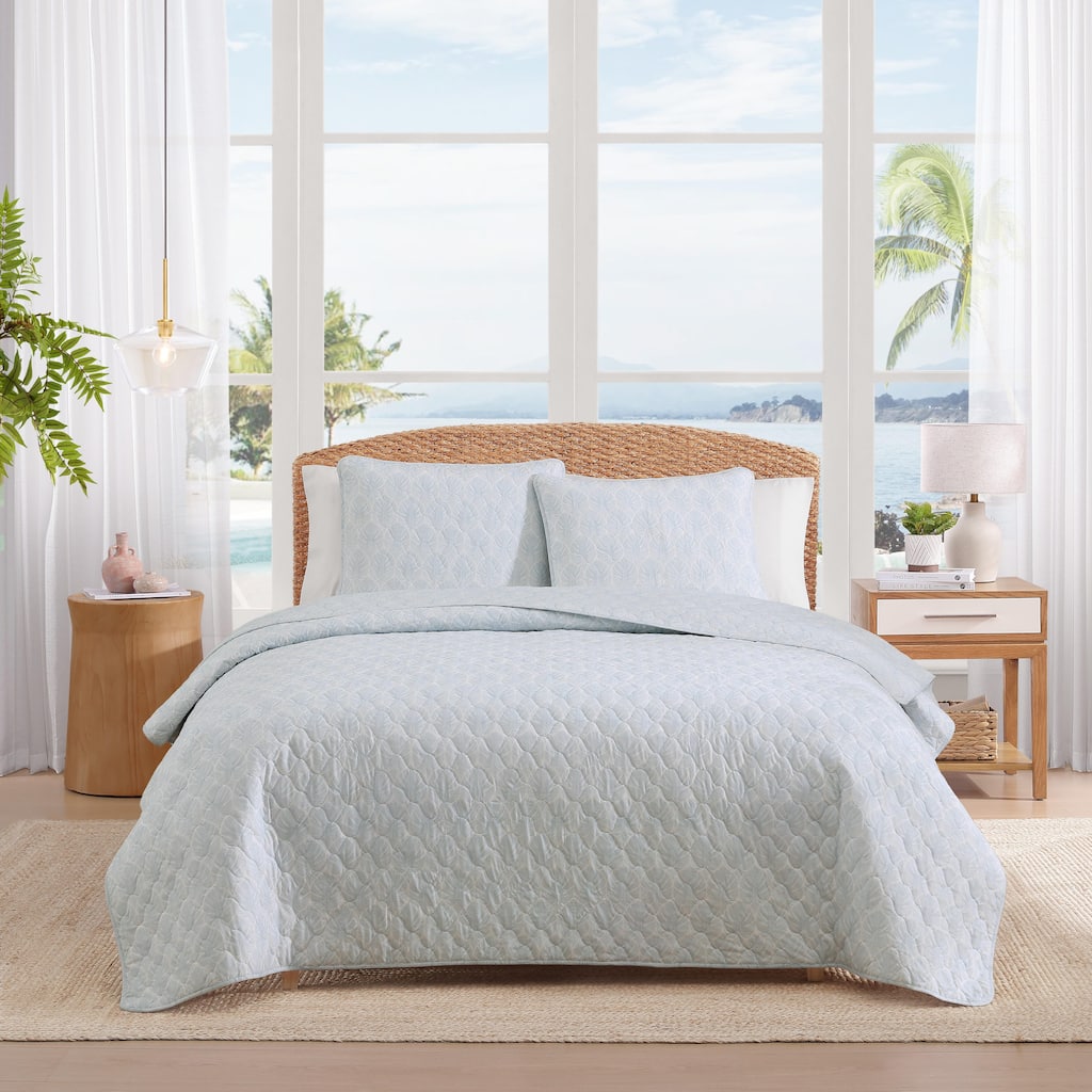 Tommy Bahama Line Palms Cotton Reversible Blue Quilt Set