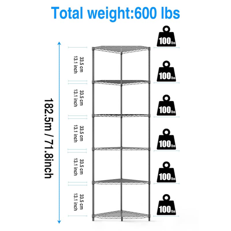 6 Tier Shelf Corner Wire Rack Pentagonal Shelves Adjustable Metal Heavy Duty Free Standing