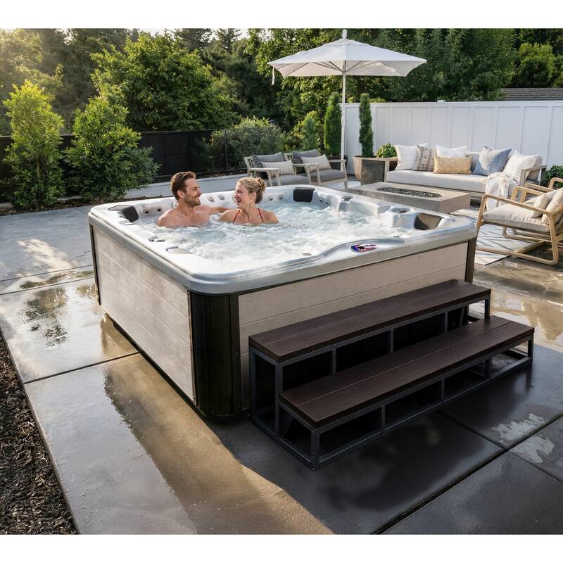 American Spas 7-Person 100-Jet Premium Acrylic Bench Spa Standard Hot Tub with Sound System and LED Waterfall