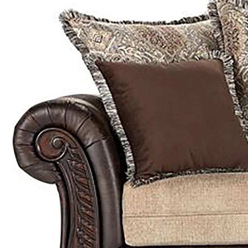 Miva Loveseat w Pillows, Classic Rolled Arms, Brown Faux Leather