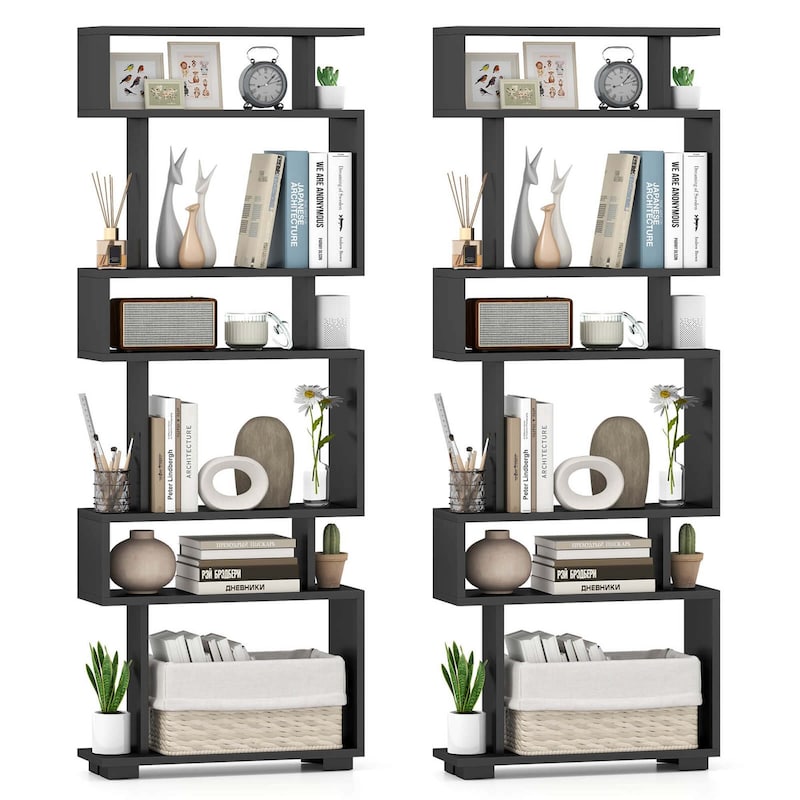1/2 PCS 6 Tier Geometric Bookcase 64" Tall S-Shaped Bookshelf - Black - 2 pcs