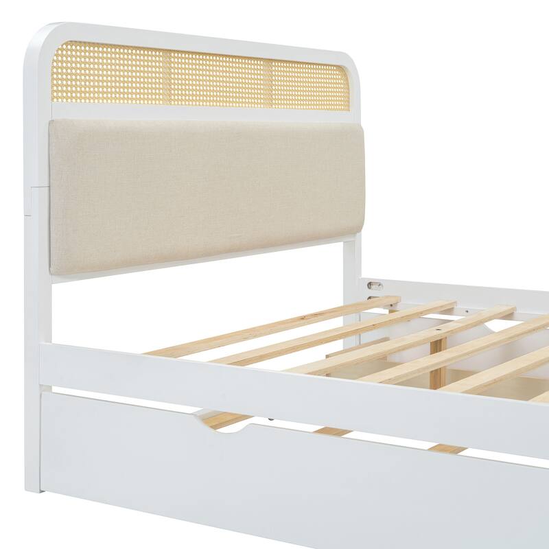 Queen size Wooden Platform Bed with Twin Trundle and 2 Storage Drawers, Classic Rattan Bed Frame with Upholstered Headboard