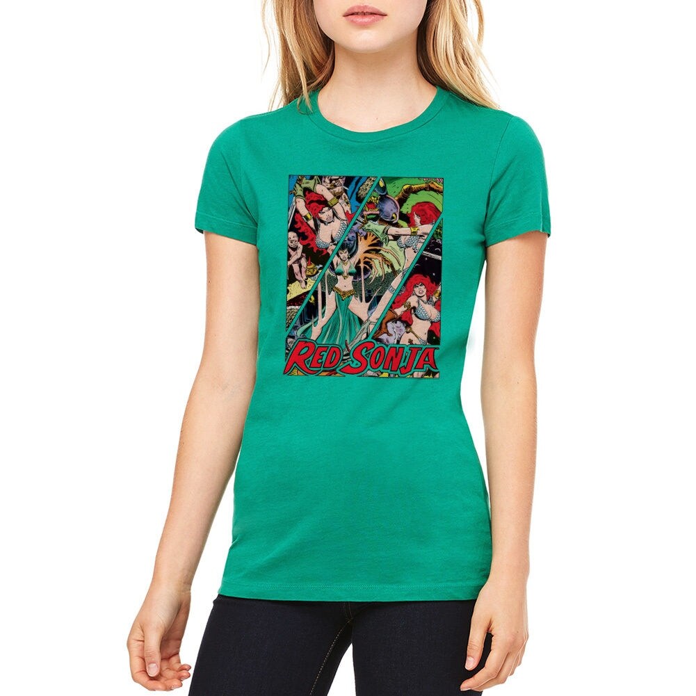 Shop Red Sonja Battle Panels Junior Women S Kelly Green T Shirt