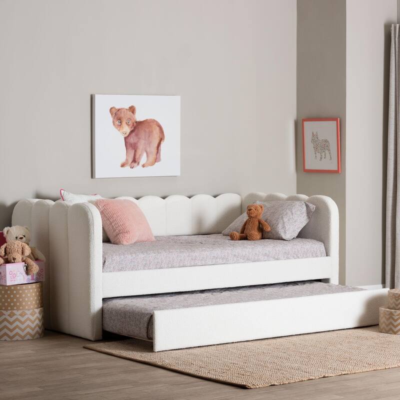 Palmer Cream Teddy-Bear Fabric Daybed with Rolling Trundle - Scalloped Edge Daybed with Plush Upholstery, Modern Sofa Bed