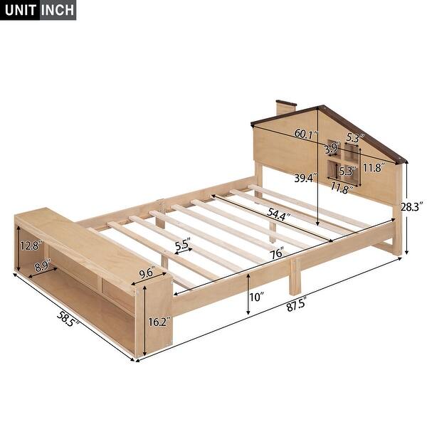 dimension image slide 1 of 2, Full Size House Platform Bed with LED Lights and Storage, Rustic Wood Finish