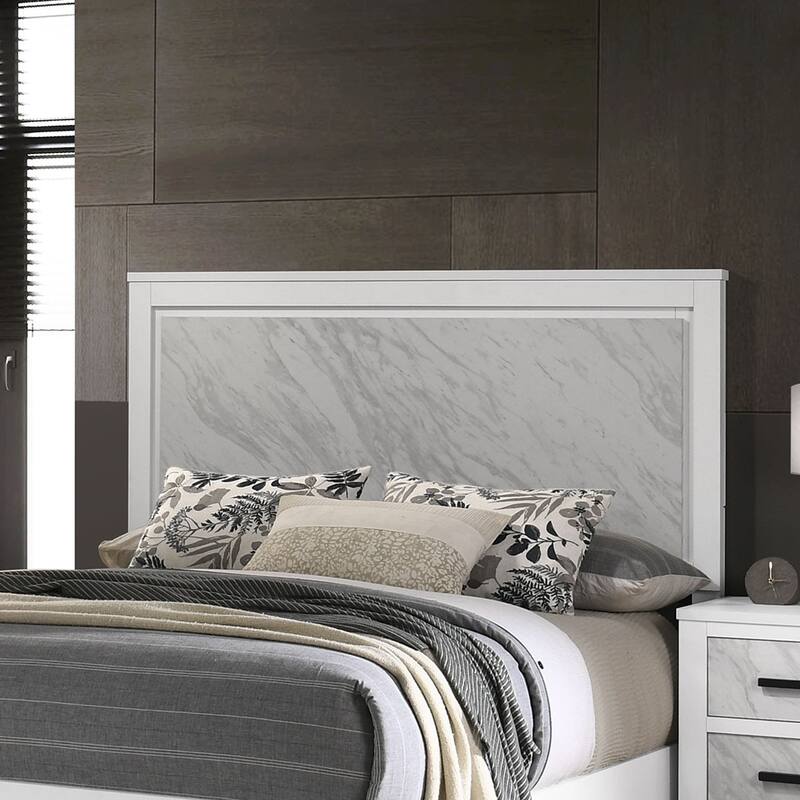 Contemporary White Full Size Bed with Faux Marble Headboard, Rubberwood Furniture