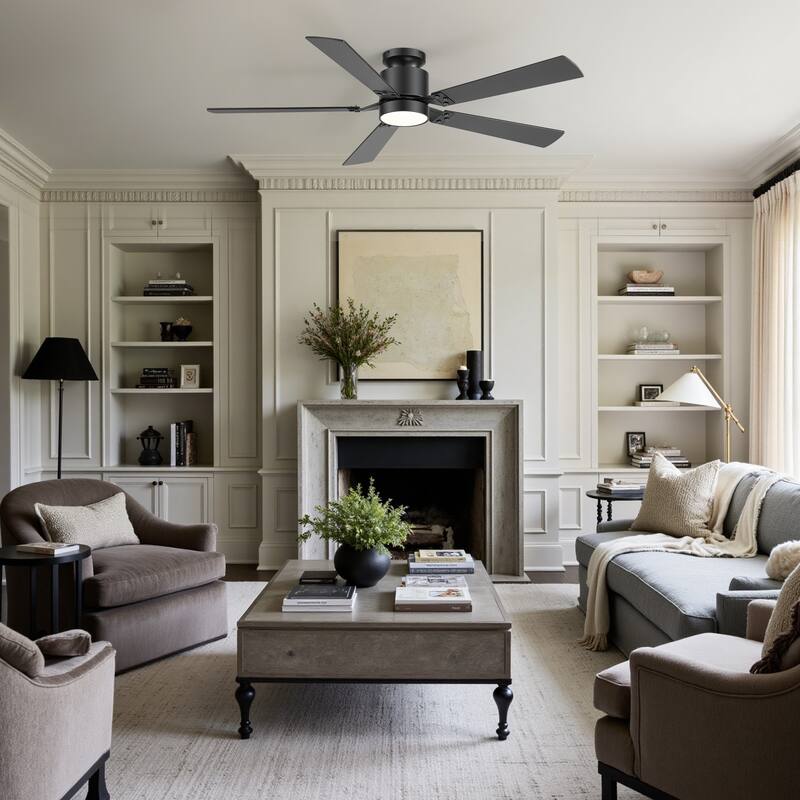 52-Inch Matte Black Flush Mount Ceiling Fan with RGB LED Light and Voice Control((5 Reversible Blades)