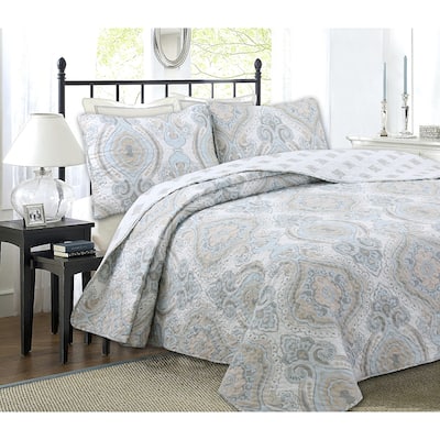 Cozy Line Modern Medallion Sky Blue Tan Gray Brocade Polyester Quilt Bedding Set