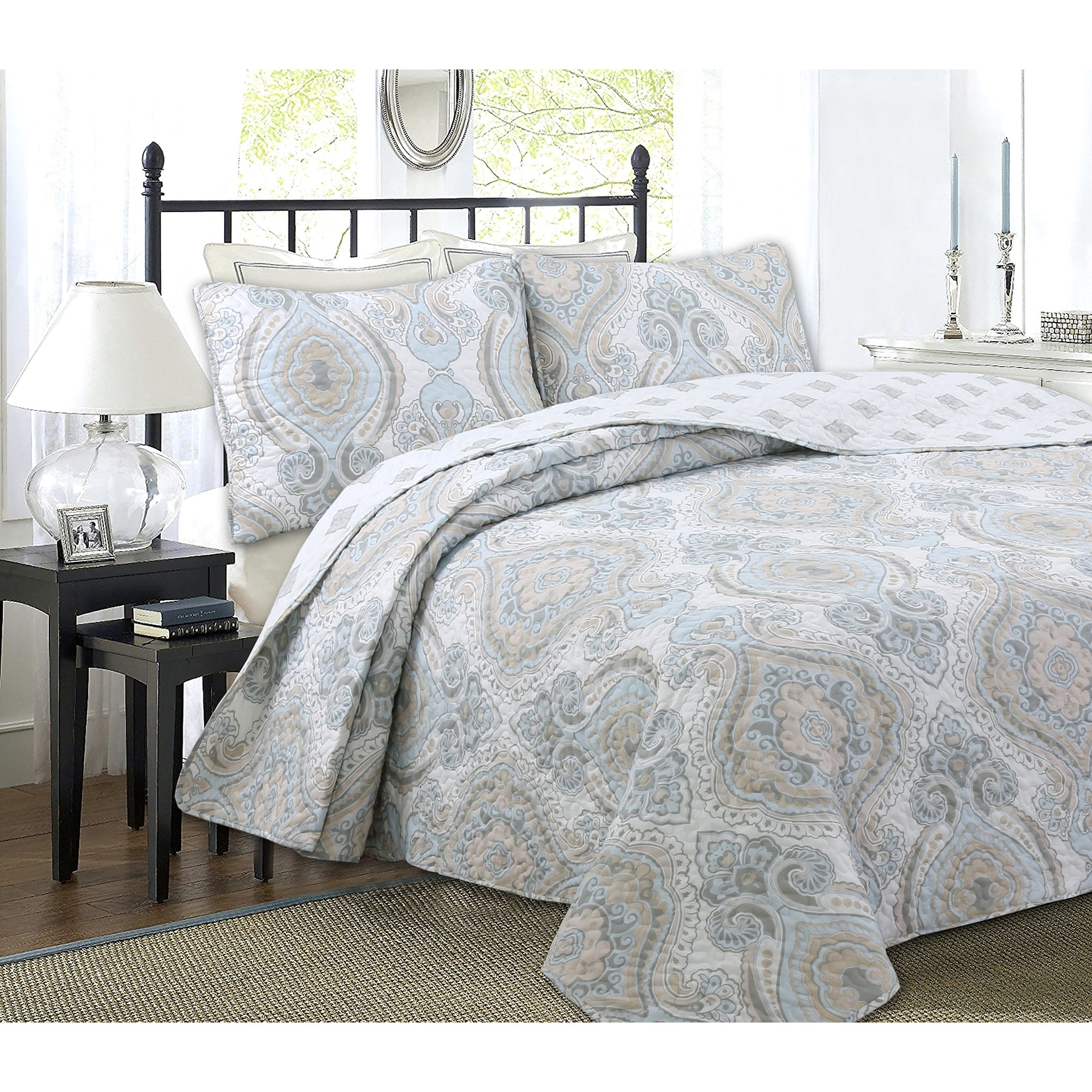 Cozy Line Modern Medallion Sky Blue Tan Gray Brocade Polyester Quilt Bedding Set