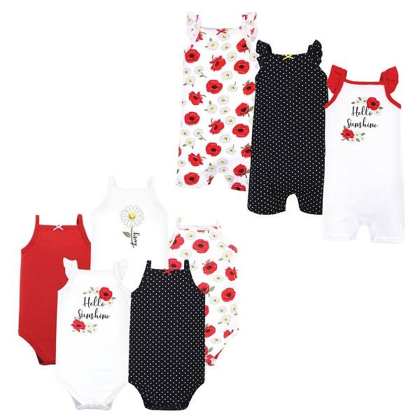 slide 1 of 1, Hudson Baby Infant Girl Cotton Bodysuits and Rompers, 8-Piece, Poppy Daisy 0 - 3 Months - Red