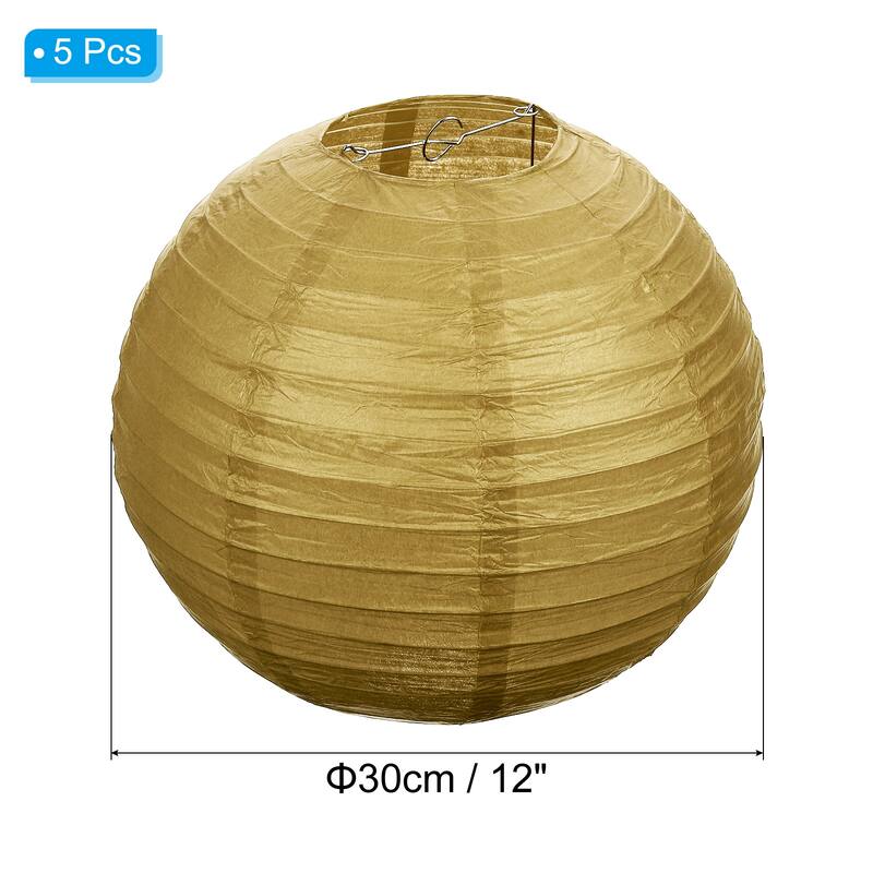 5 Pcs Paper Lanterns Round Hanging Chinese/Japanese Lantern Decor - Gold Tone - 12"