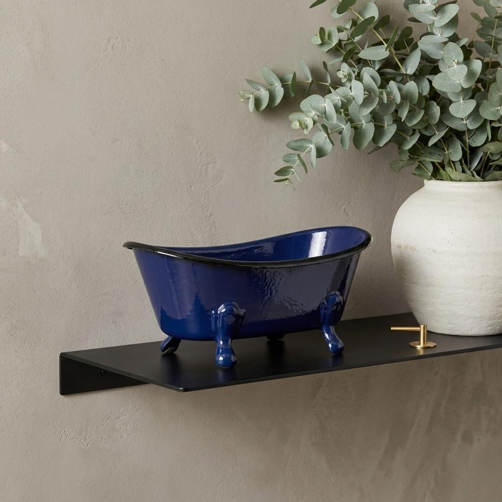 HomeRoots 3" Blue Metal Hand Painted Decorative Tub Tabletop Sculpture - 7.00 in. x 3.25 in. x 4.00 in.