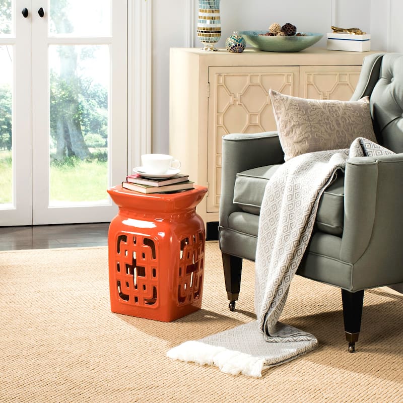 SAFAVIEH Margitte Antique White Filigree Ceramic Decorative Garden Stool - Orange