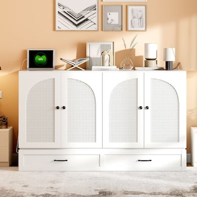 Modern Queen Murphy Bed with Storage Drawers & USB Port, Stylish Rattan Finish for Apartments or Multifunctional Rooms