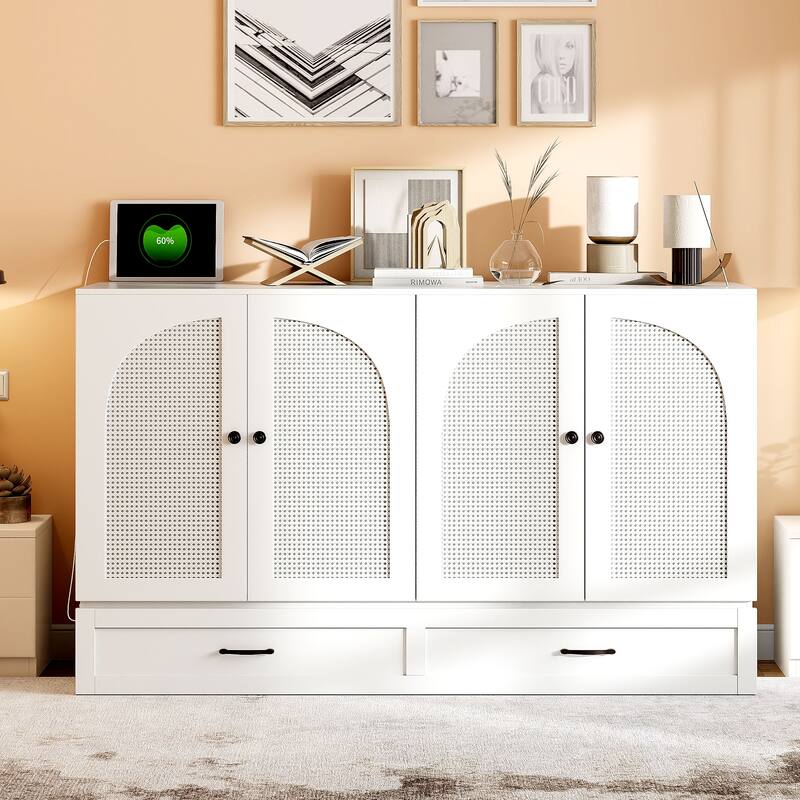 Queen Size Murphy Bed with Large Storage Drawers, USB Charging Port, and Space-Saving Design for Small Rooms - White