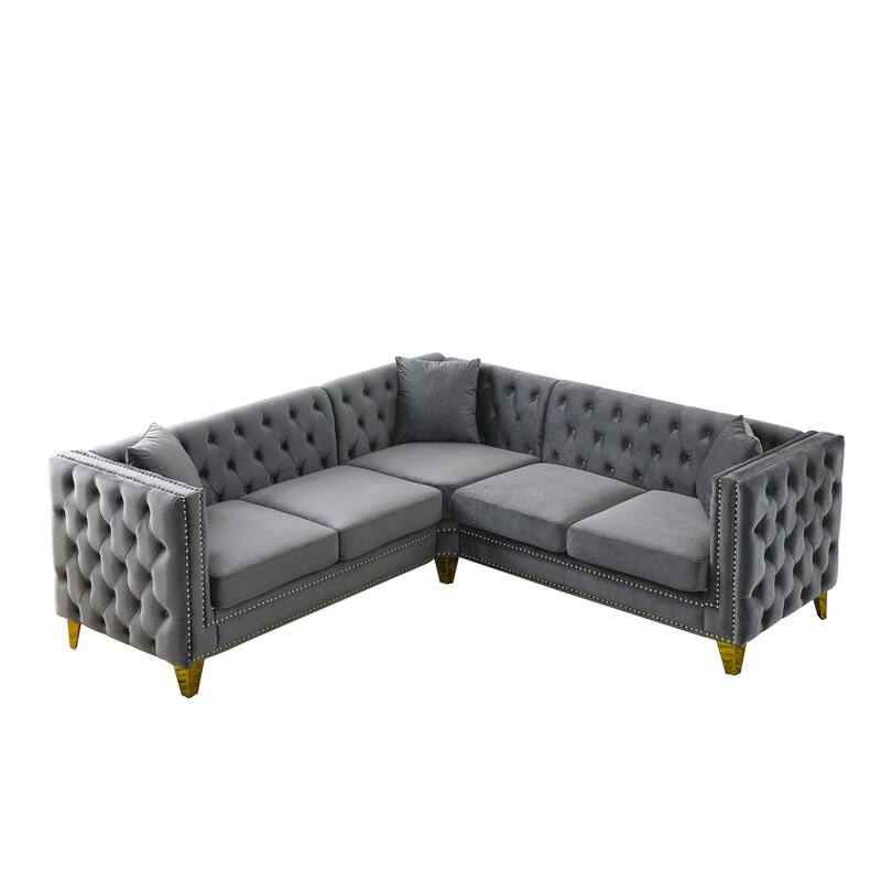 Grey 82.2'' Velvet Chesterfield 5-Seater L-Shaped Sofa with Nailhead Trim, Tufted Backrest, and Metal Legs