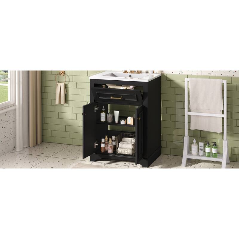24" Bathroom Vanity with Integrated Ceramic Sink, Bathroom Cabinet with 2 Doors, 1 Tip-Out Drawer