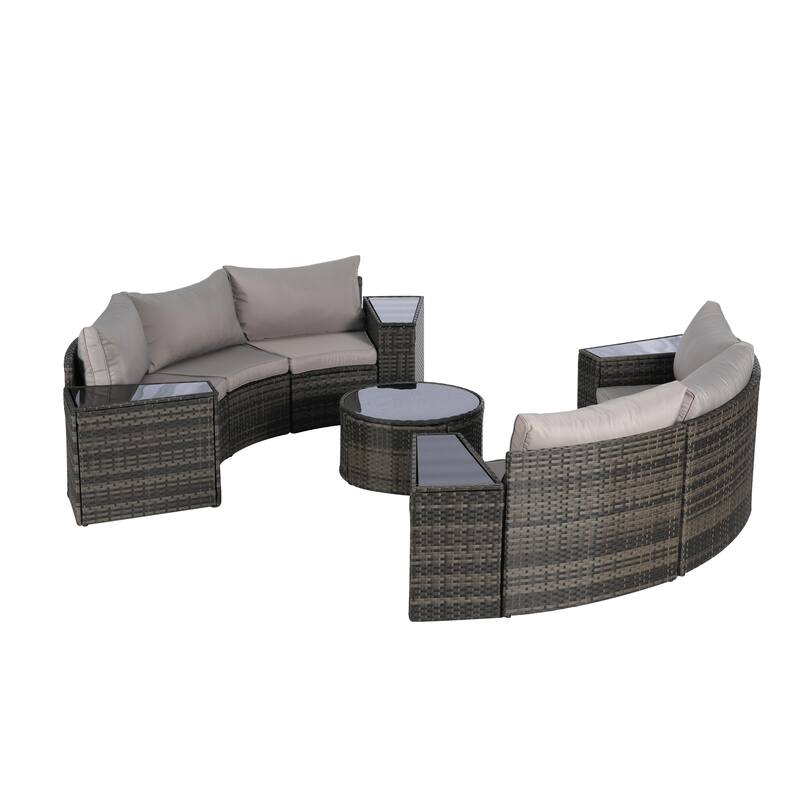 11-Piece Outdoor Half-Round Modular Sectional Sofa Set with Tempered Glass Coffee Table and 4 Side Table