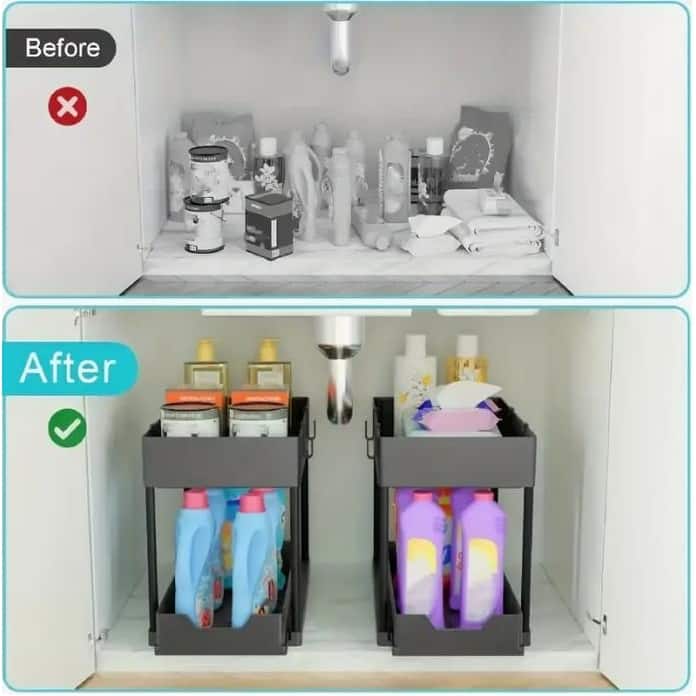 Anmytek 2 Tier Rustproof Under Sink Organizer Extendable Pull Out Storage Shelf for Kitchen Bathroom Cabinet