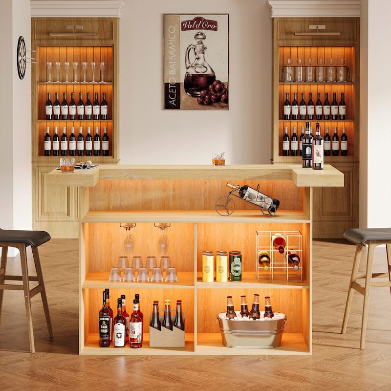 Industrial Wood Bar Table Liquor Cabinet with Wine Glass Holder