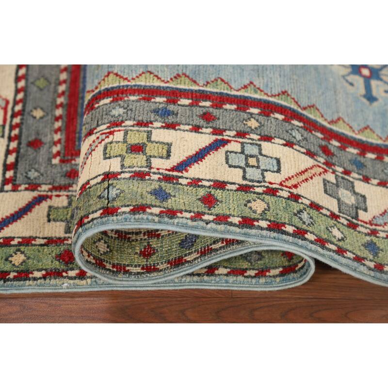 Light Blue Geometric Kazak Accent Rug Handmade Wool Carpet - 3'3" x 4'11"