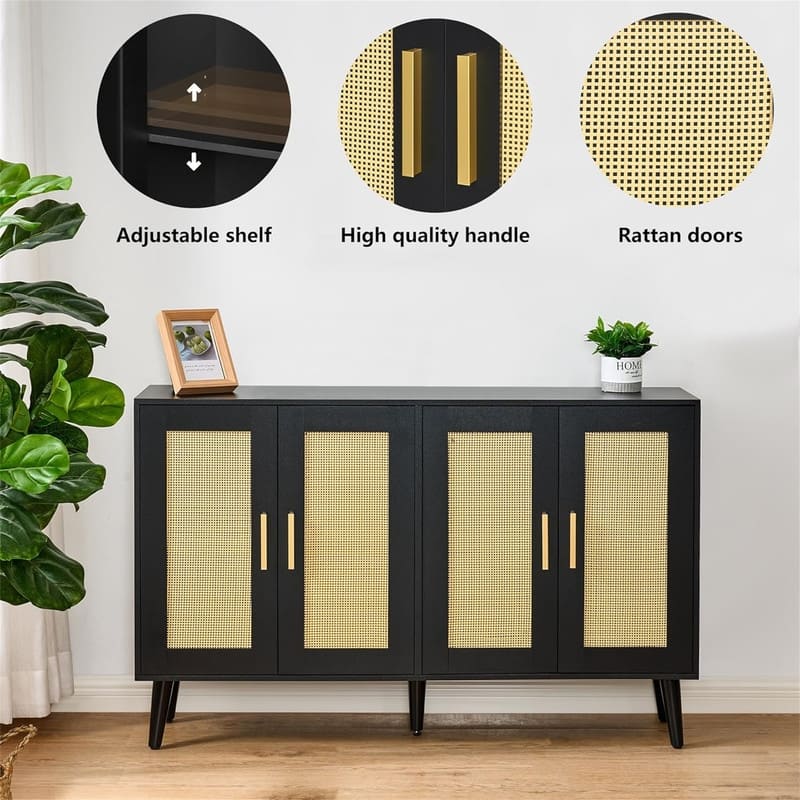 Rattan Sideboard Buffet Cabinet with 4 Doors and Adjustable Shelves - 11.8"D x 47.2"W x 29.5"H