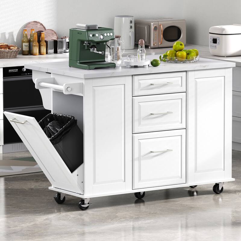 50.7"Kitchen Island with Tilt Trash Can and Pull Out Cabinet Organizer,Rolling Island on 5 Wheels with Drop Leaf,2 Drawers