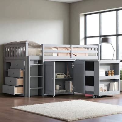 Twin Loft Bed with Pull-Out Desk, Storage Cabinets & Drawers, Rubber Wood, Guardrail & Ladder, Gray
