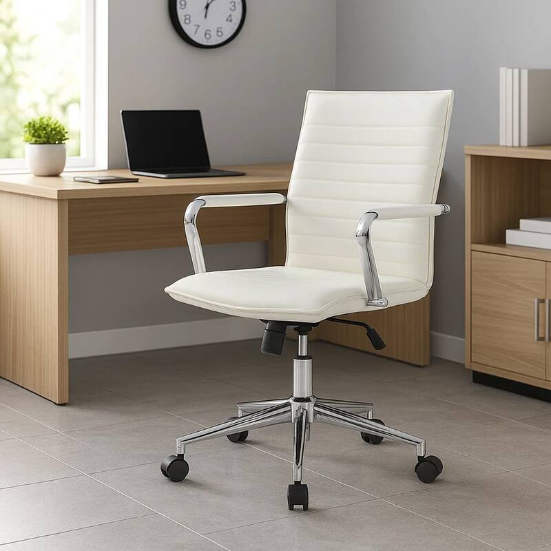 Kenny Commercial Grade Chair with Chrome Arms and Metal Base, White PU Vinyl