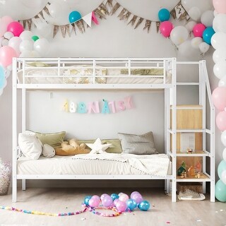 Modern Twin Over Twin Metal Bunk Bed With Lateral Storage Ladder and Wardrobe for Bedroom