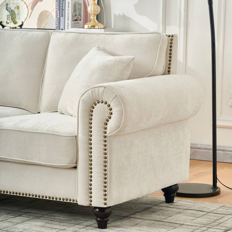 Chenille Upholstered 3 Seater Sofa, Oversized Sofa with Rolled Arms, Deep Seat Couch with Nailhead Trim & Wood Legs