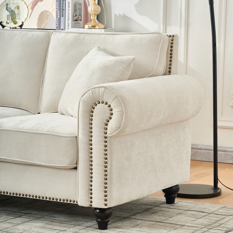 Living Room Deep Seat Rolled Arms Sofa Chenille Upholstered 3 Seater Couch with Wood Legs, Nailhead Trim and Pillows