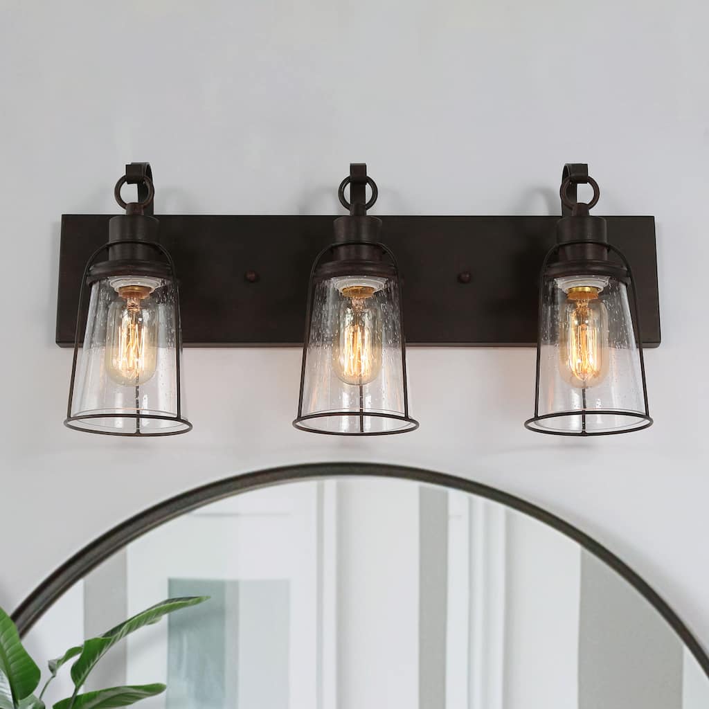 Farmsy Modern Farmhouse 3-Light Linear Glass Bronze Bathroom Vanity Lights Industrial Metal Wall Sconces - L22" x W6" x H 10"