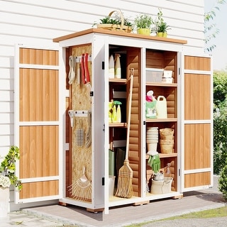Outdoor 65.7'' H Wood Storage Shed, Garden Tool Cabinet with Waterproof Asphalt Roof, Four Lockable Doors, Multiple-tier Shelves