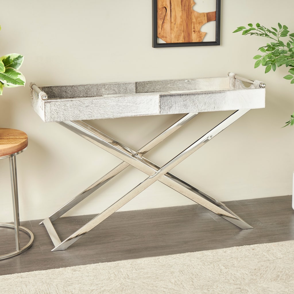 Gray Leather Tray Table Accent Table with Silver Legs and Handles