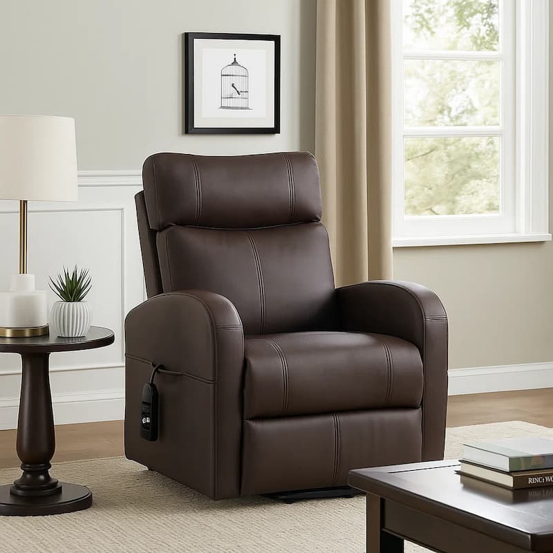 Power Lift Recliner Chair with Faux Leather and Wired Controller, Brown