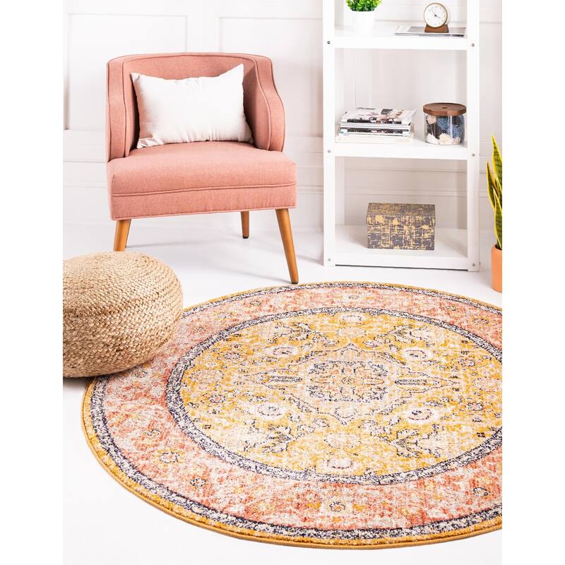 Traditional Nixa Collection Area Rug - 7' Round - Yellow