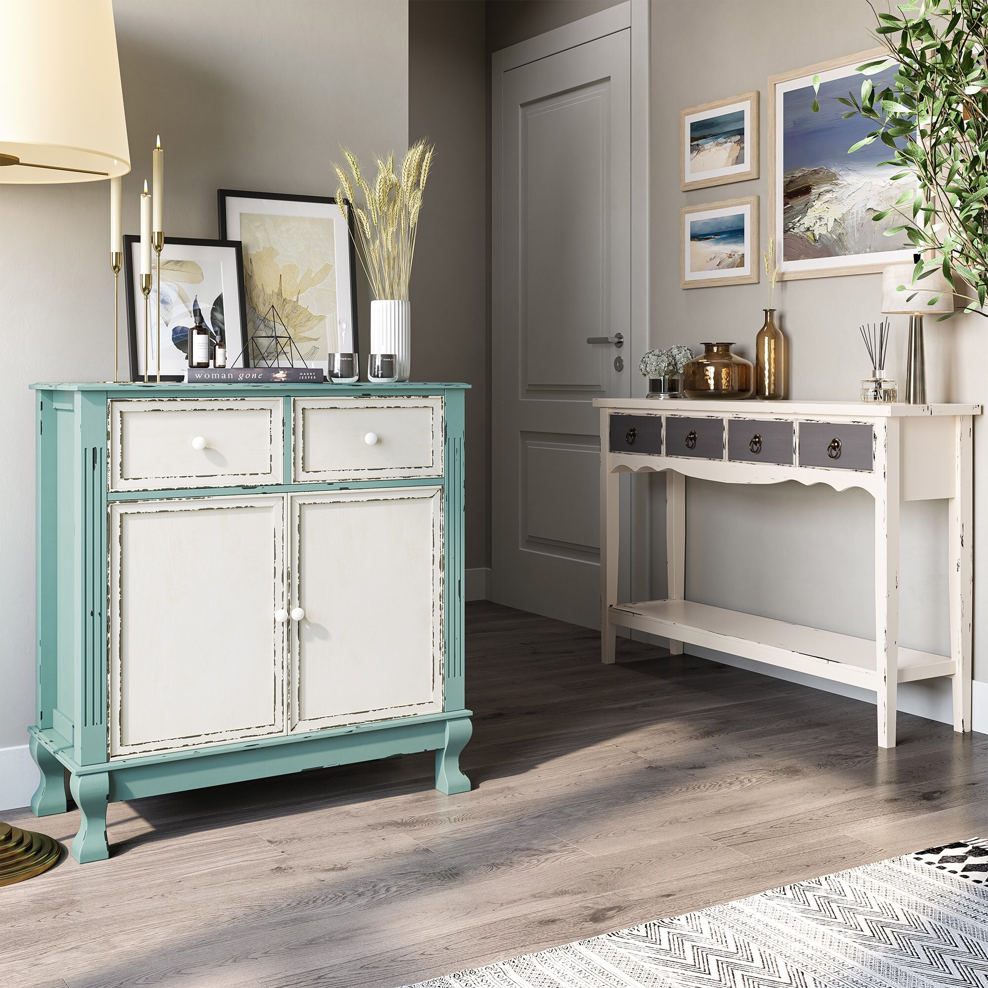 BELLEZE Home Small Spaces Elegant 2 Door 2 Drawer Accent Cabinet Blue Cream