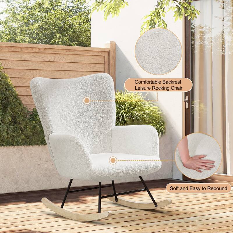 Javlergo 2 Piece Upholstered Teddy Rocking Chair with Storage Pockets Modern Rocking Accent Chairs Comfy Side Chair