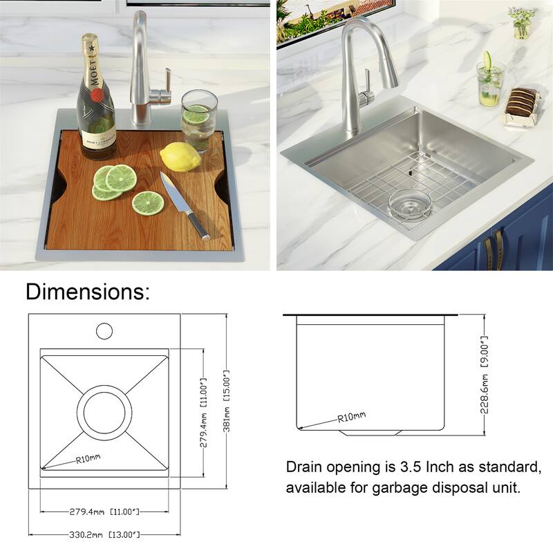 13x15" Drop-In Bar Sink - 18G Stainless with Strainer & Cutting Board