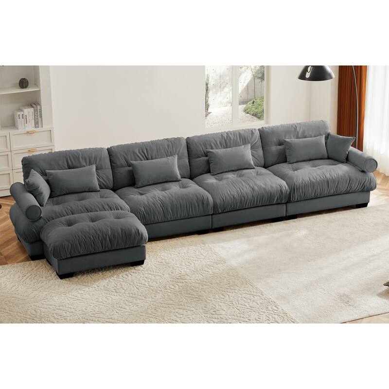 L-shaped Convertible Velvet Sectional Cloud Sofa with Ottoman & Pillows